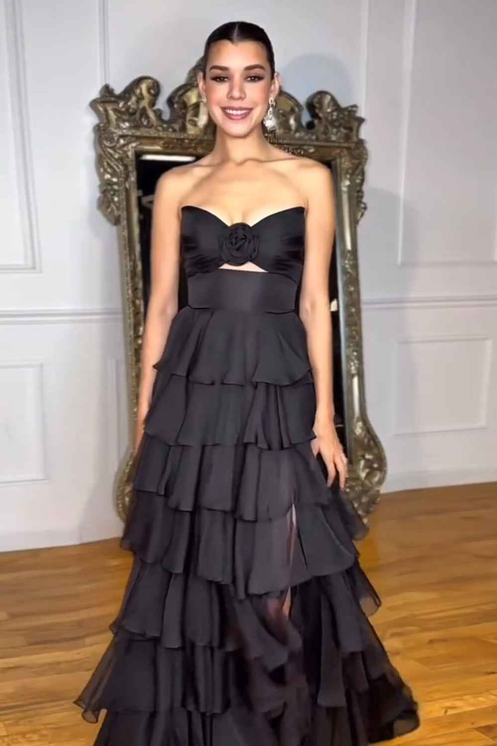 Black Sweetheart Chiffon A-Line Tiered Long Prom Dress with Slit-LLELLA