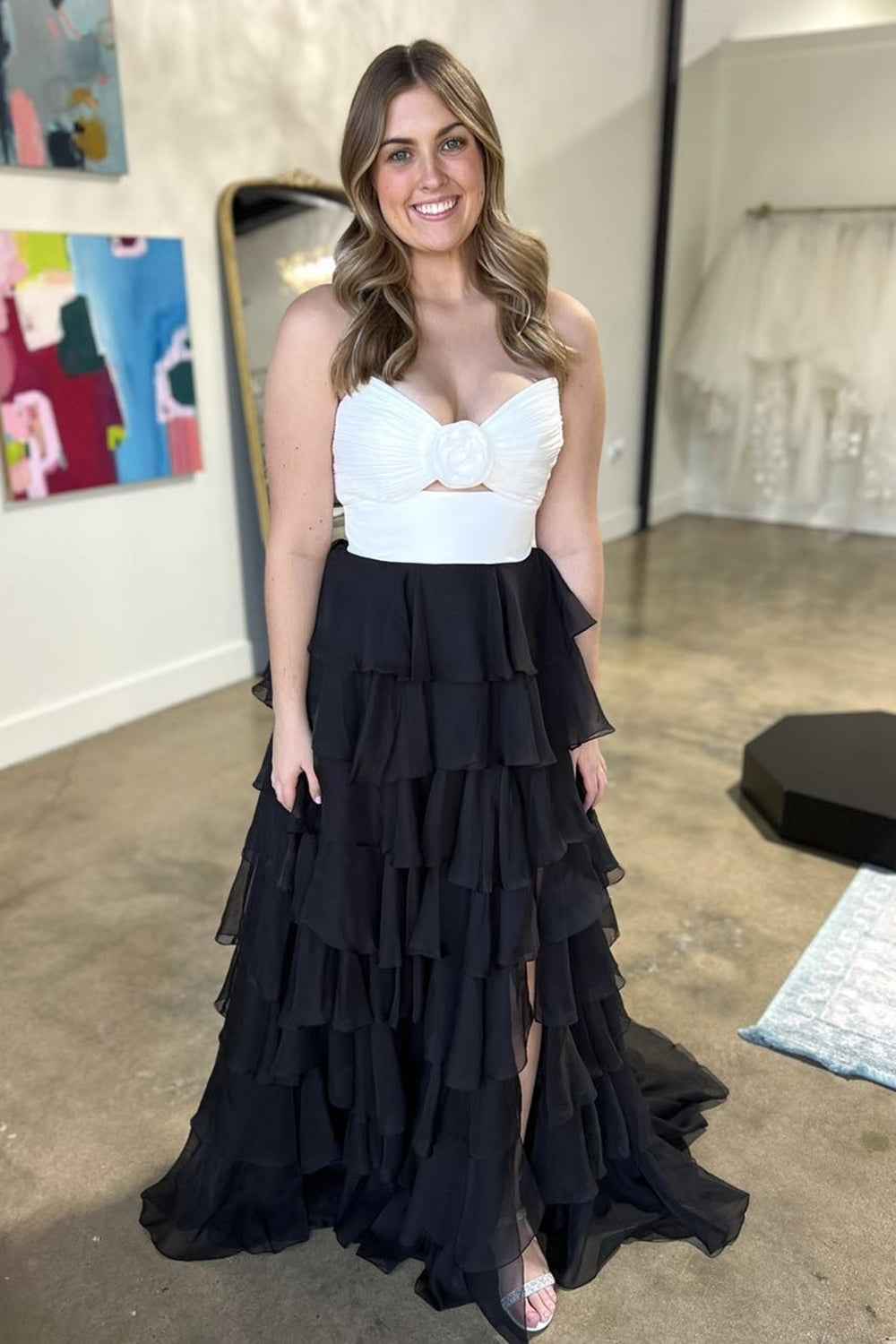 Black Sweetheart Chiffon A-Line Tiered Long Prom Dress with Slit-LLELLA