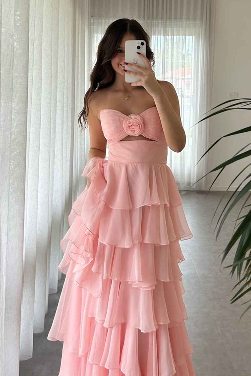 Black Sweetheart Chiffon A-Line Tiered Long Prom Dress with Slit-LLELLA