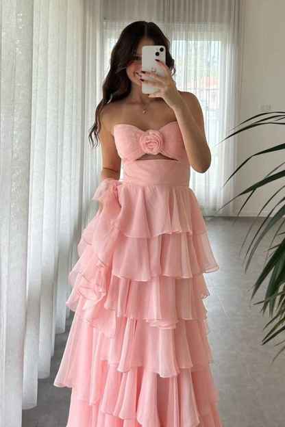 Black Sweetheart Chiffon A-Line Tiered Long Prom Dress with Slit