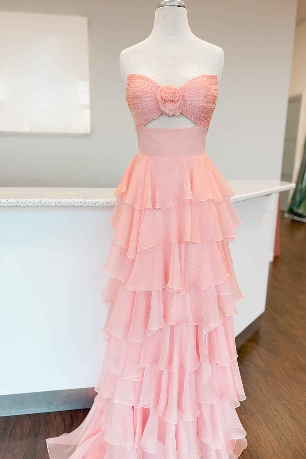 Black Sweetheart Chiffon A-Line Tiered Long Prom Dress with Slit-LLELLA