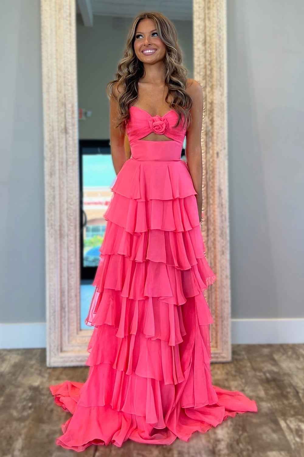 Black Sweetheart Chiffon A-Line Tiered Long Prom Dress with Slit-LLELLA