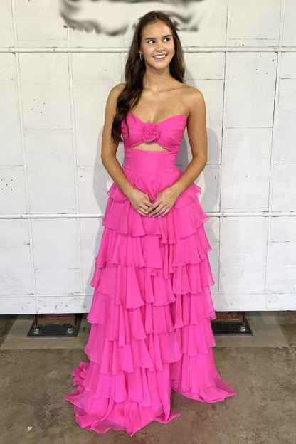 Black Sweetheart Chiffon A-Line Tiered Long Prom Dress with Slit