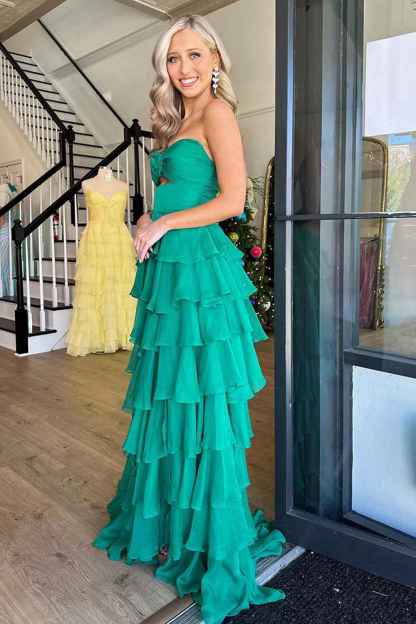 Black Sweetheart Chiffon A-Line Tiered Long Prom Dress with Slit