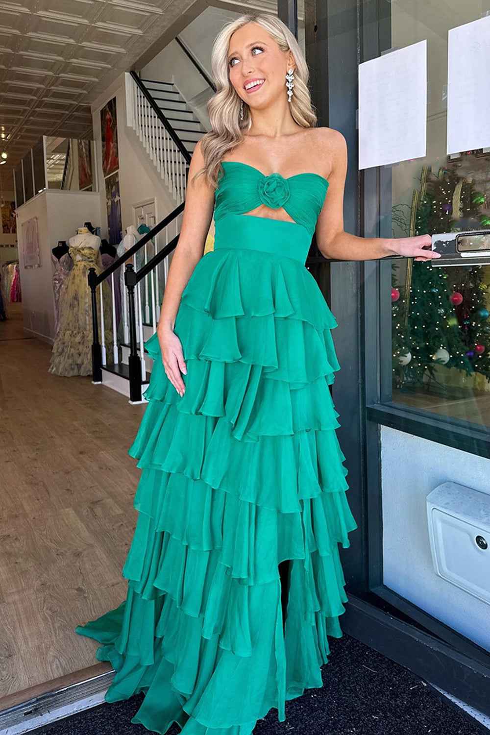 Black Sweetheart Chiffon A-Line Tiered Long Prom Dress with Slit-LLELLA