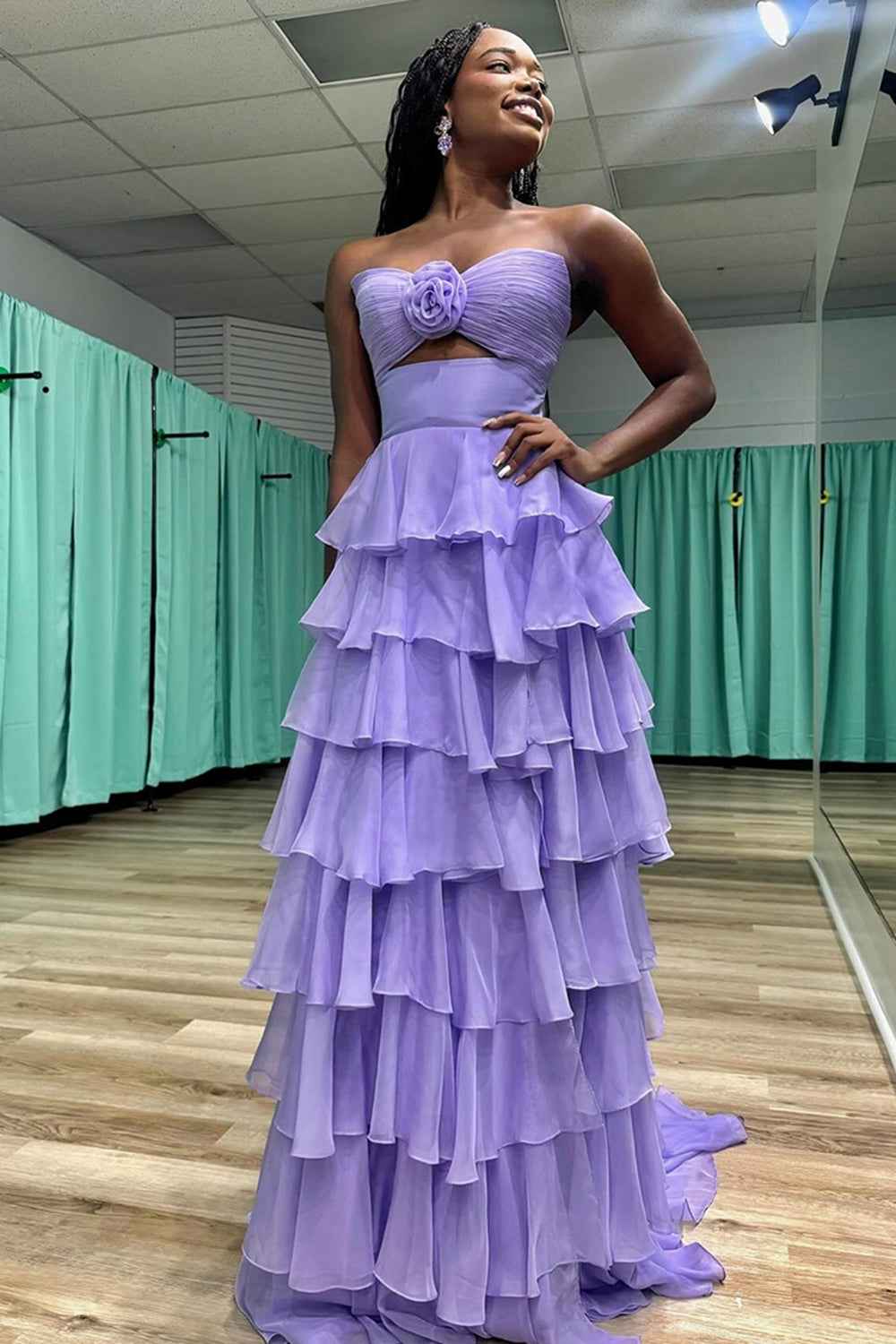 Black Sweetheart Chiffon A-Line Tiered Long Prom Dress with Slit-LLELLA