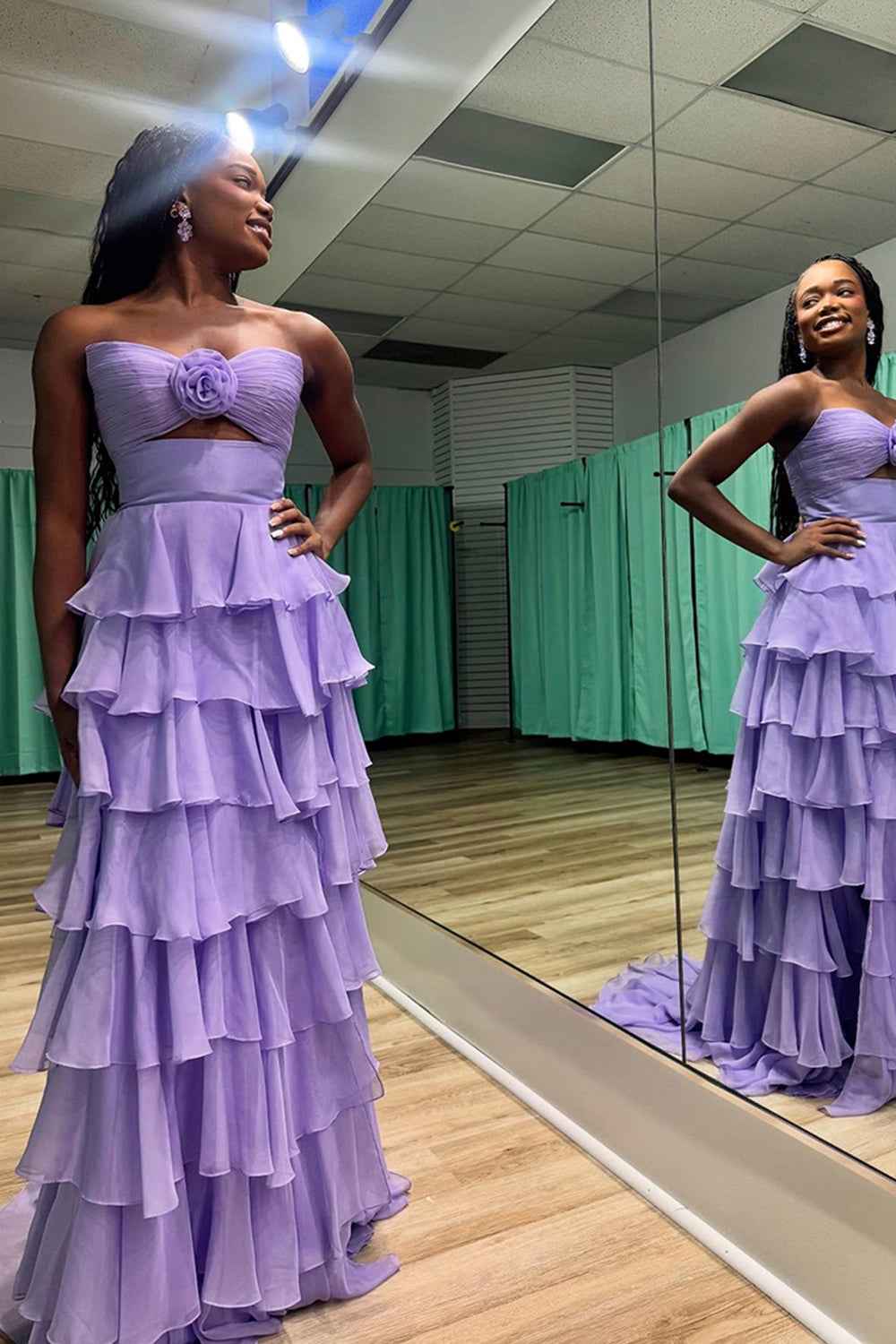 Black Sweetheart Chiffon A-Line Tiered Long Prom Dress with Slit-LLELLA