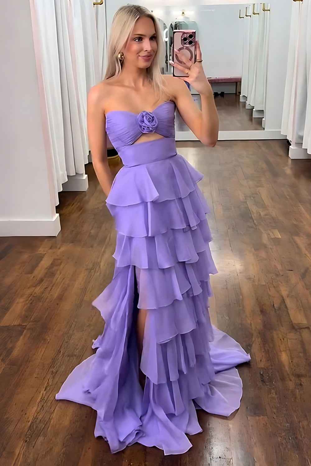 Black Sweetheart Chiffon A-Line Tiered Long Prom Dress with Slit-LLELLA