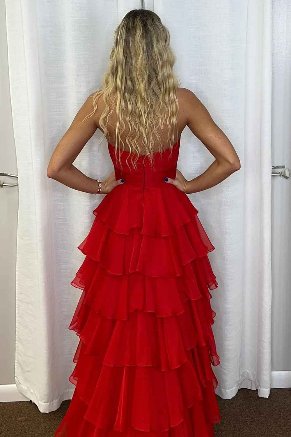 Black Sweetheart Chiffon A-Line Tiered Long Prom Dress with Slit