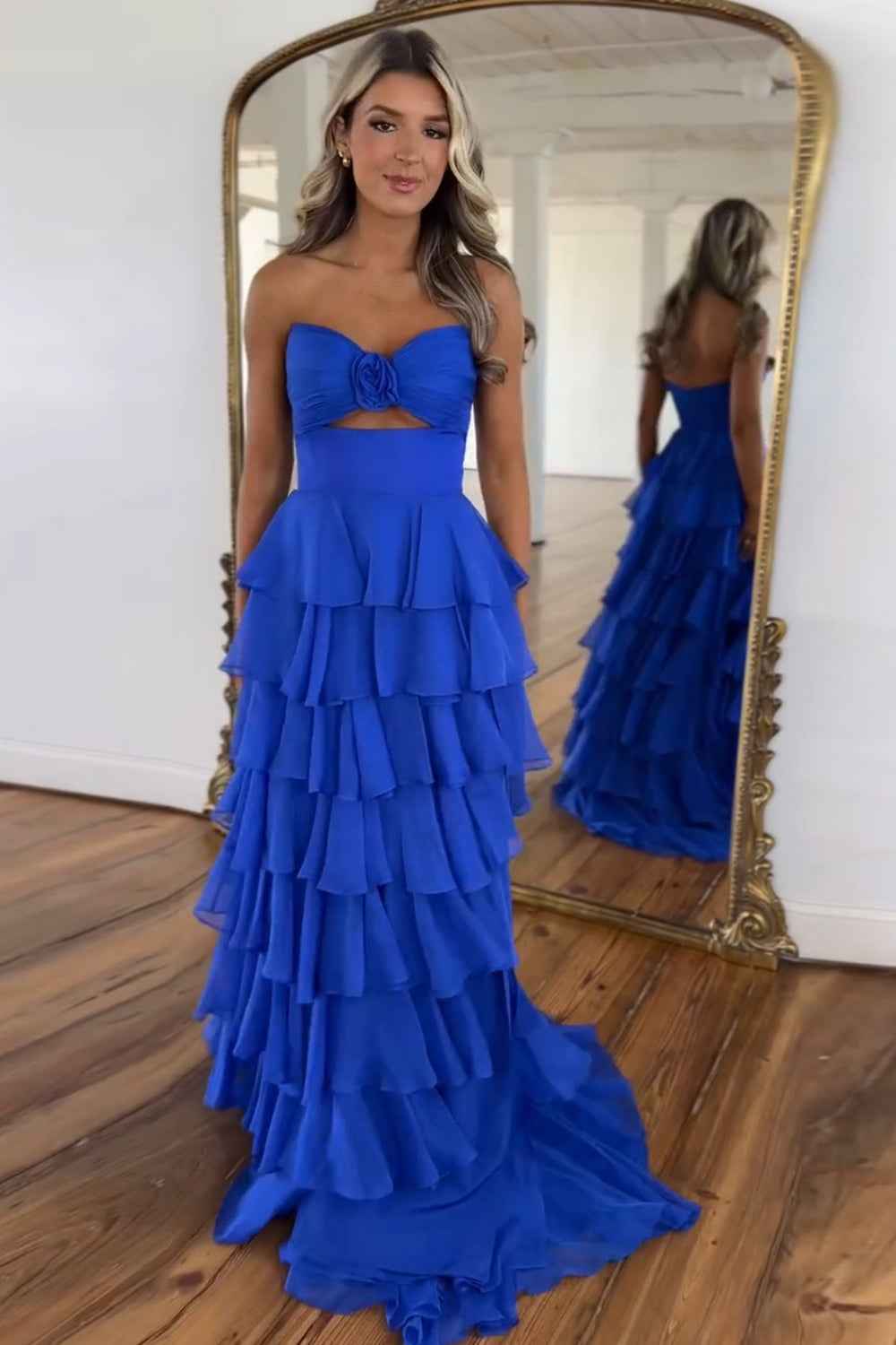 Black Sweetheart Chiffon A-Line Tiered Long Prom Dress with Slit-LLELLA