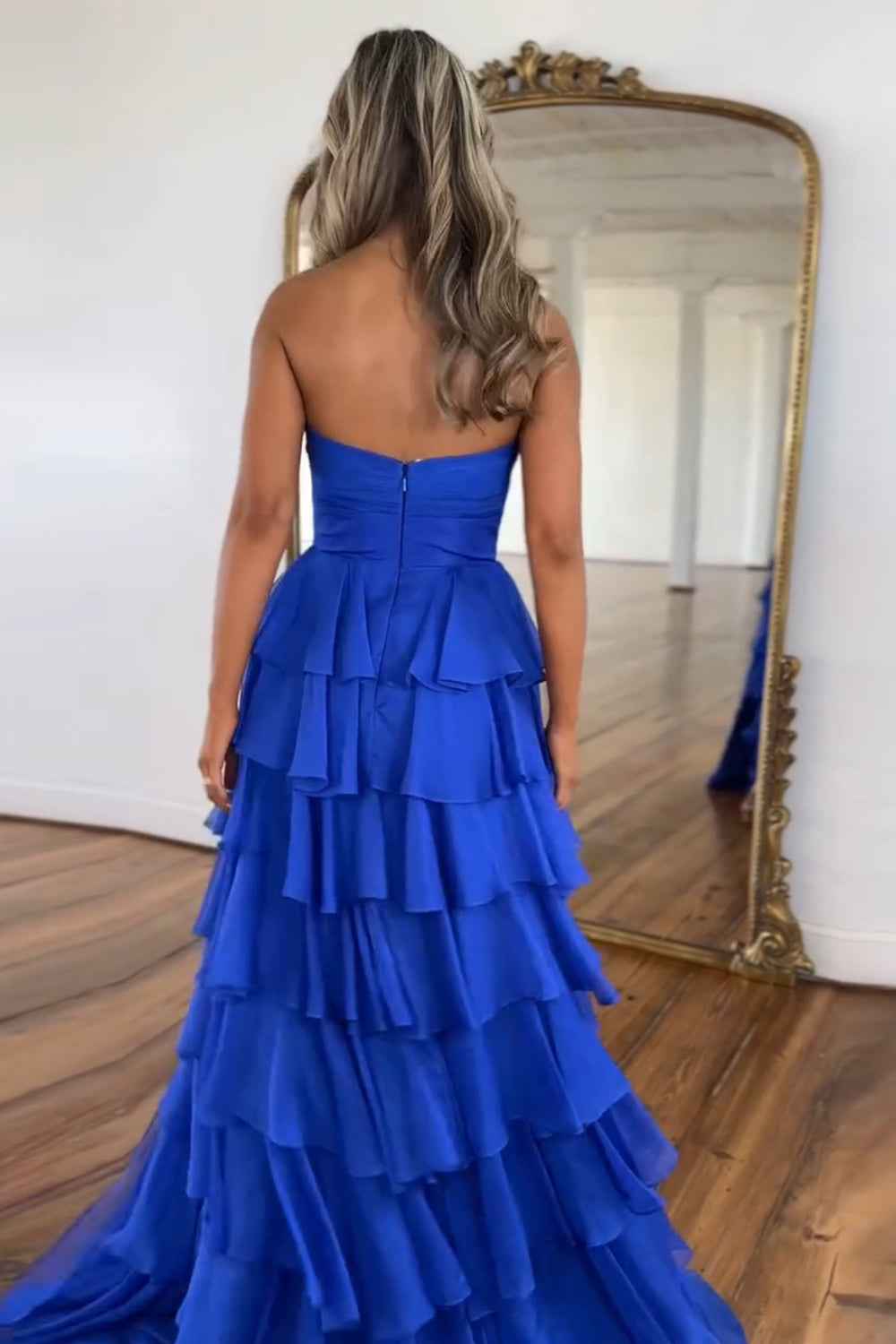 Black Sweetheart Chiffon A-Line Tiered Long Prom Dress with Slit-LLELLA