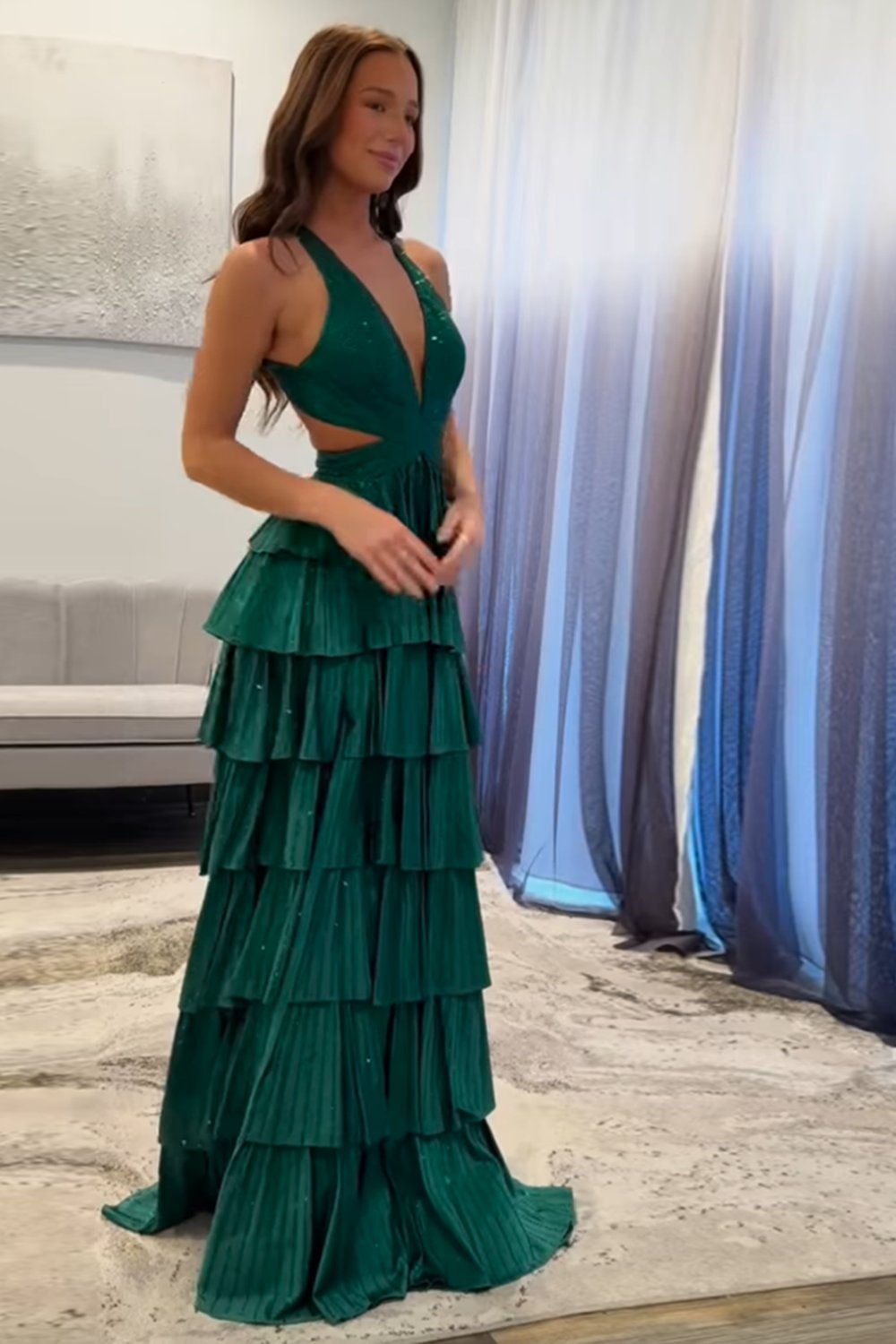 Sparkly Emerald Green Corset A Line Tiered Beaded Prom Dress with Slit-LLELLA