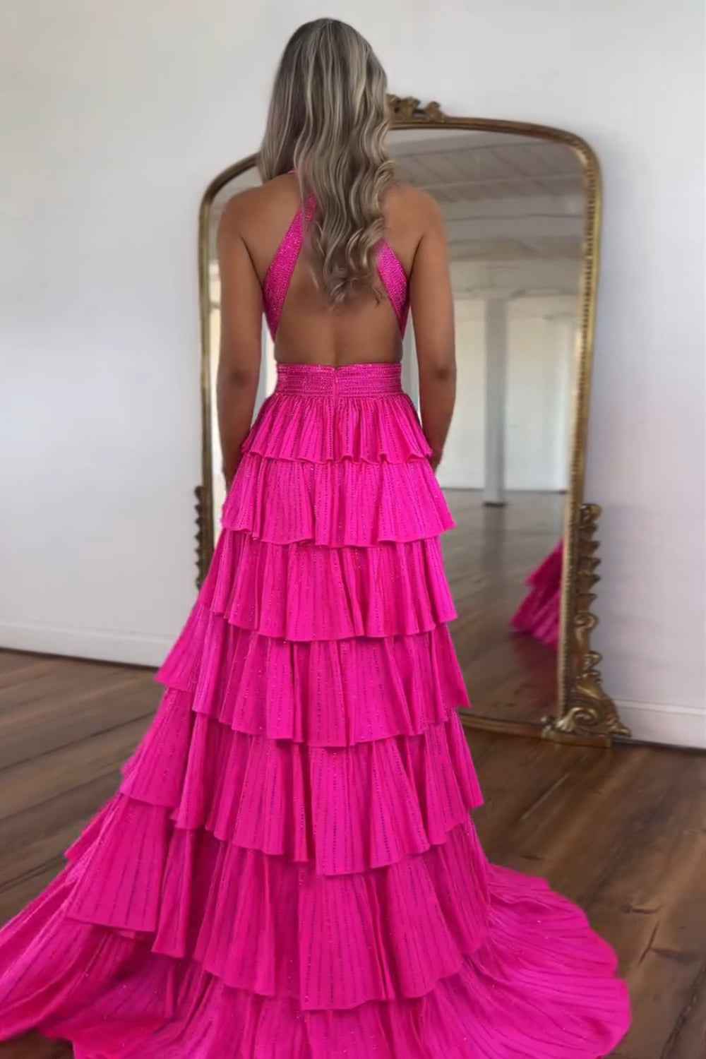 Sparkly Emerald Green Corset A Line Tiered Beaded Prom Dress with Slit-LLELLA