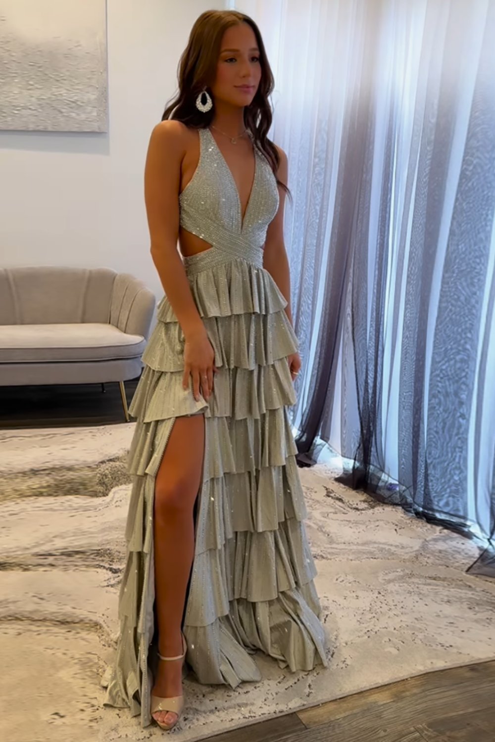 Sparkly Emerald Green Corset A Line Tiered Beaded Prom Dress with Slit-LLELLA