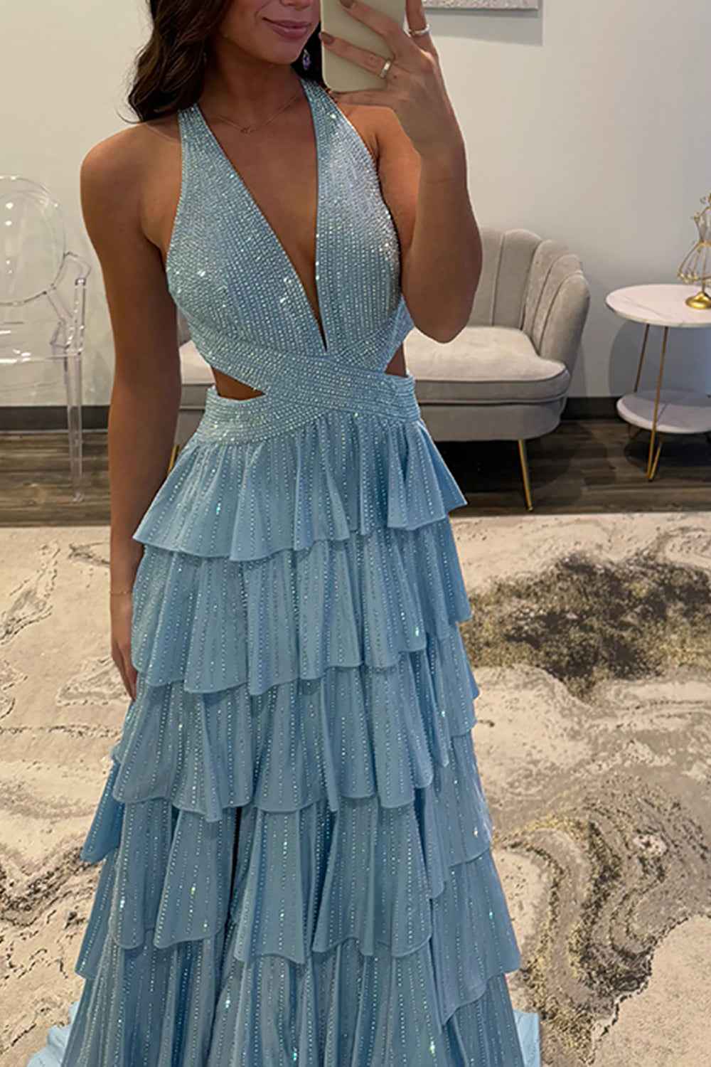 Sparkly Emerald Green Corset A Line Tiered Beaded Prom Dress with Slit-LLELLA