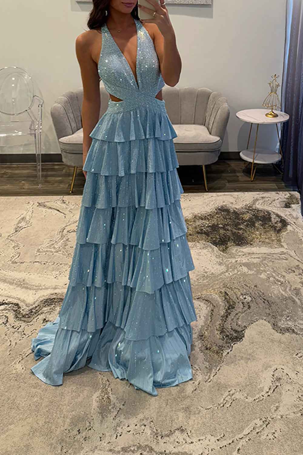 Sparkly Emerald Green Corset A Line Tiered Beaded Prom Dress with Slit