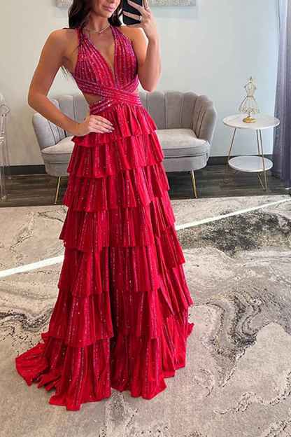 Sparkly Emerald Green Corset A Line Tiered Beaded Prom Dress with Slit