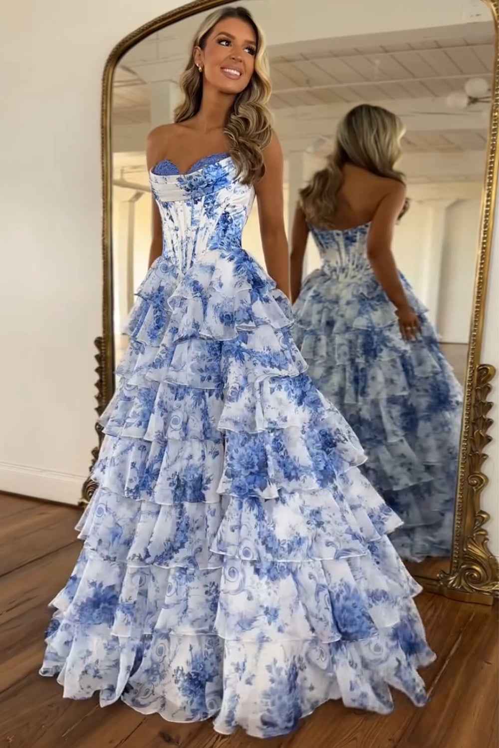 Blush Sweetheart A-Line Chiffon Floral Ruffled Long Corset Prom Dress with Slit-LLELLA