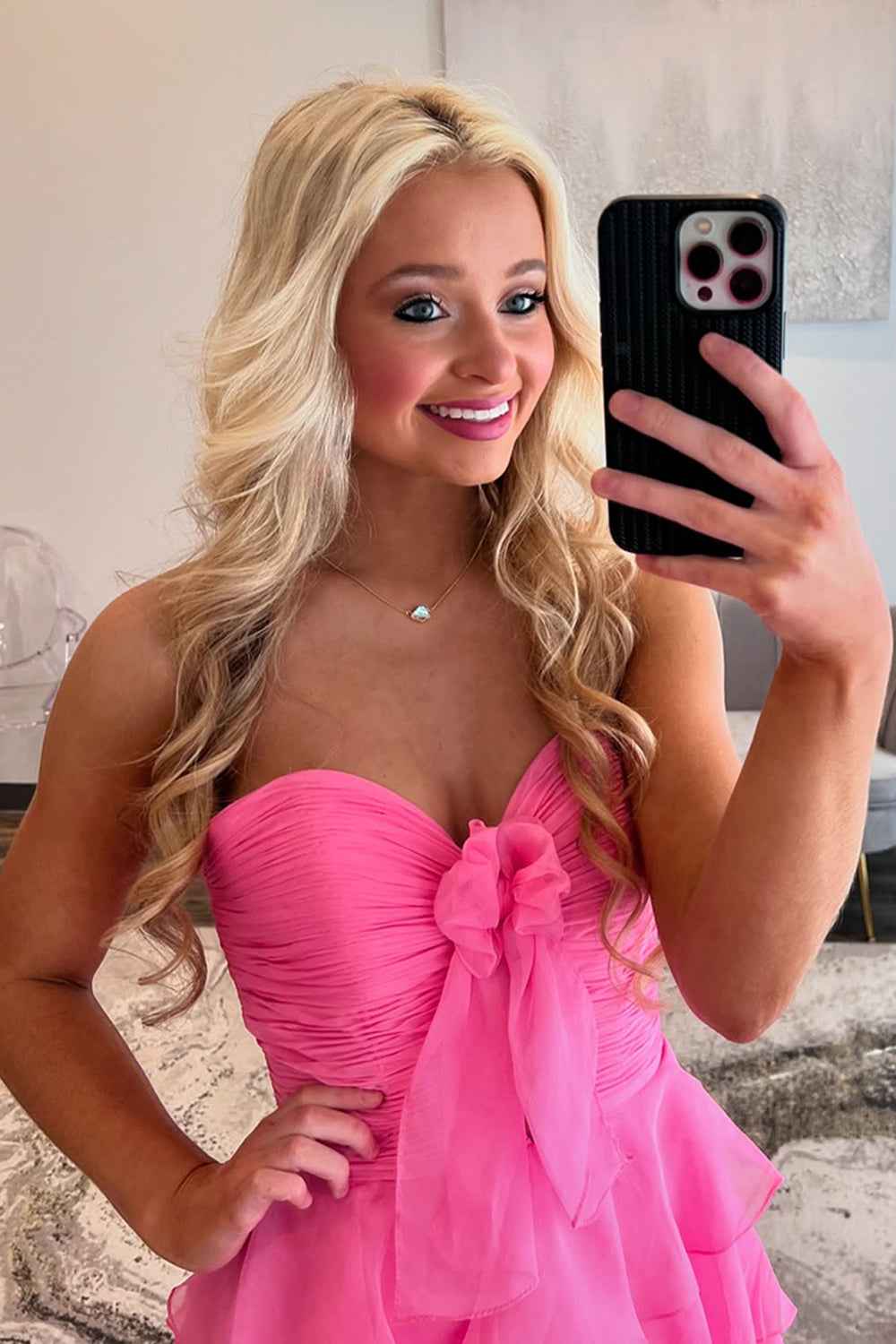Hot Pink Sweetheart A-Line Chiffon Long Ruffled Prom Dress with Slit-LLELLA