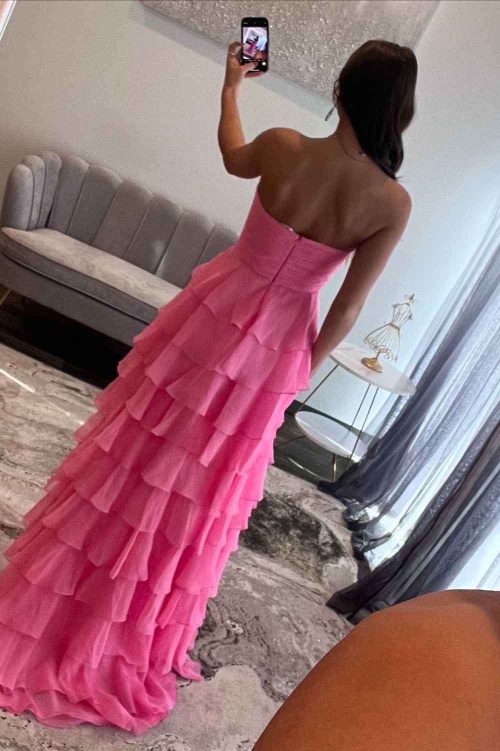Hot Pink Sweetheart A-Line Chiffon Long Ruffled Prom Dress with Slit-LLELLA