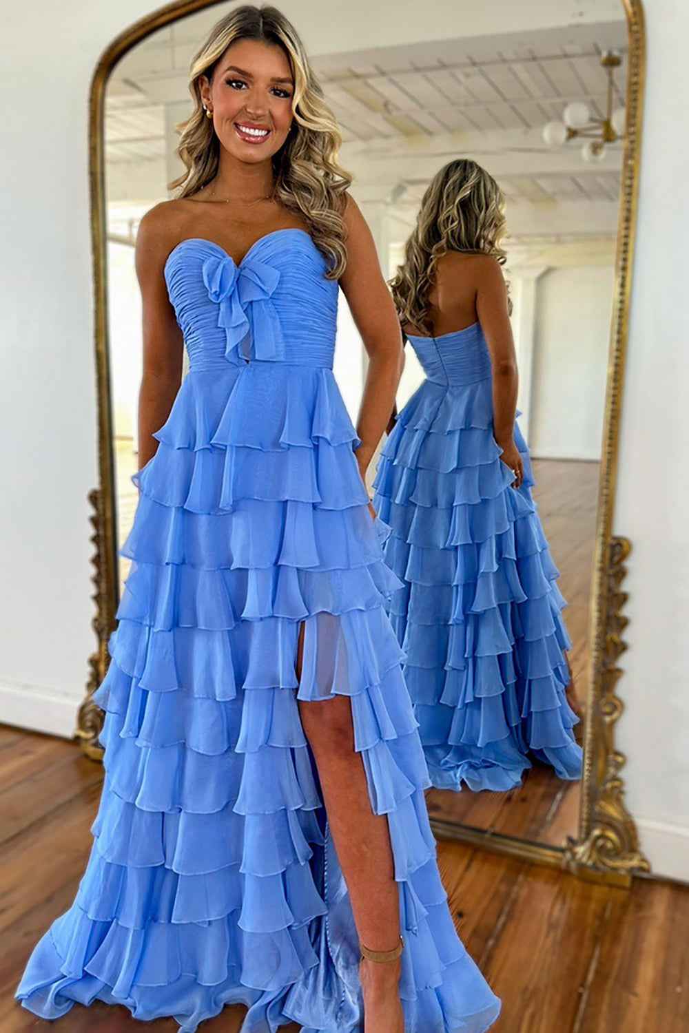 Hot Pink Sweetheart A-Line Chiffon Long Ruffled Prom Dress with Slit-LLELLA