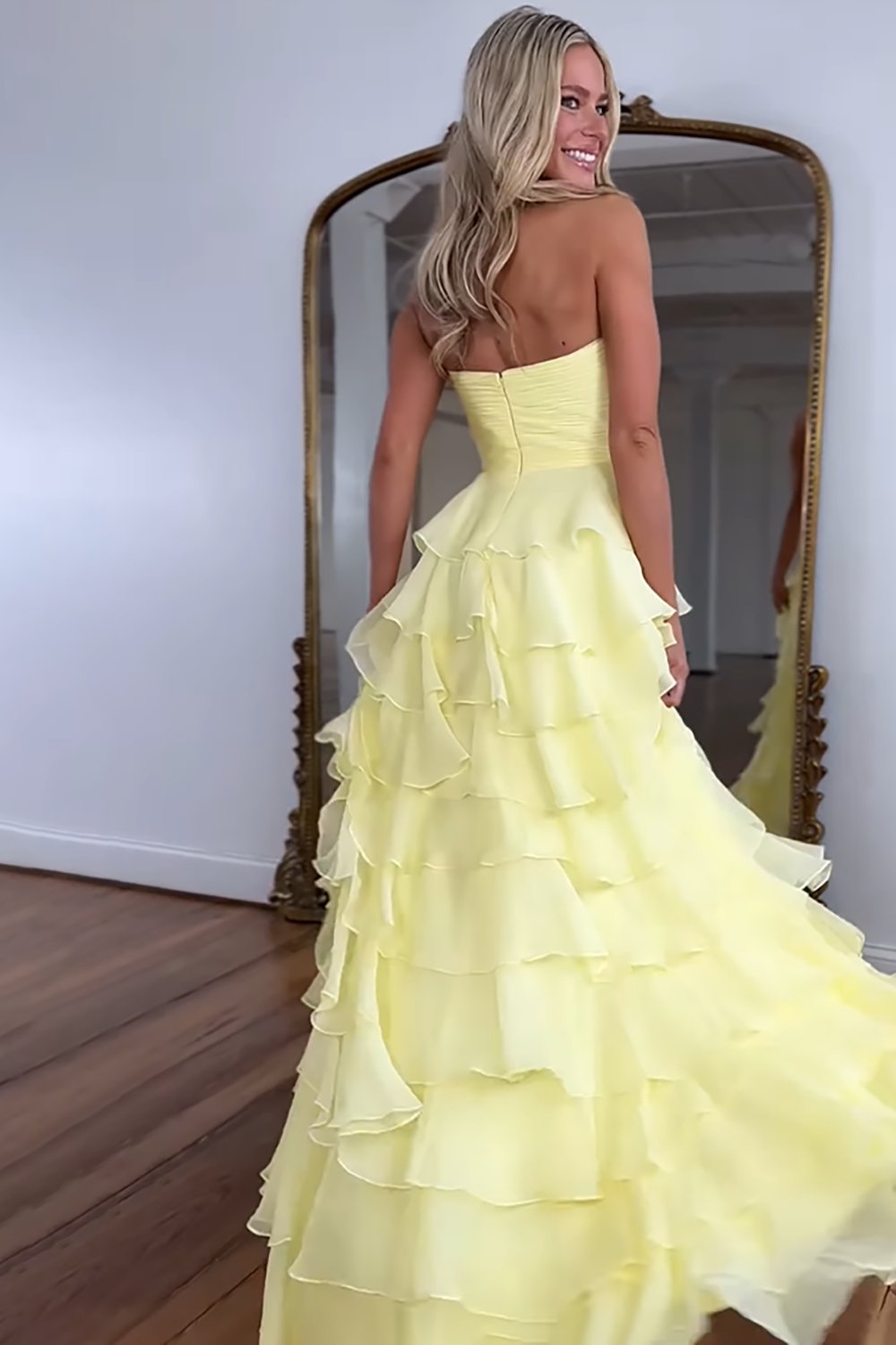 Hot Pink Sweetheart A-Line Chiffon Long Ruffled Prom Dress with Slit