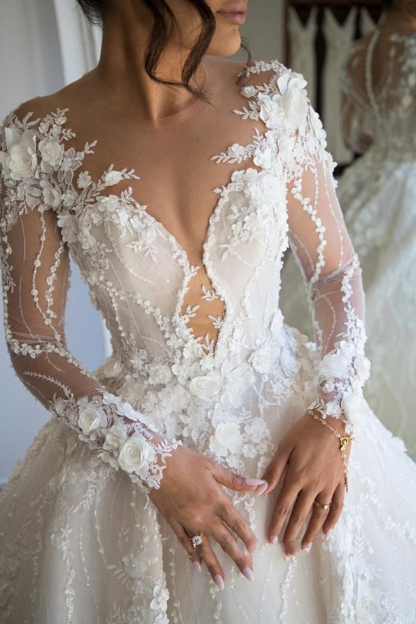 LLELLA Long Sleeves Wedding Dresses Princess With Flowers Appliques-LLELLA
