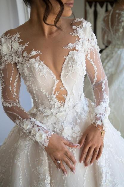 LLELLA Long Sleeves Wedding Dresses Princess With Flowers Appliques-LLELLA