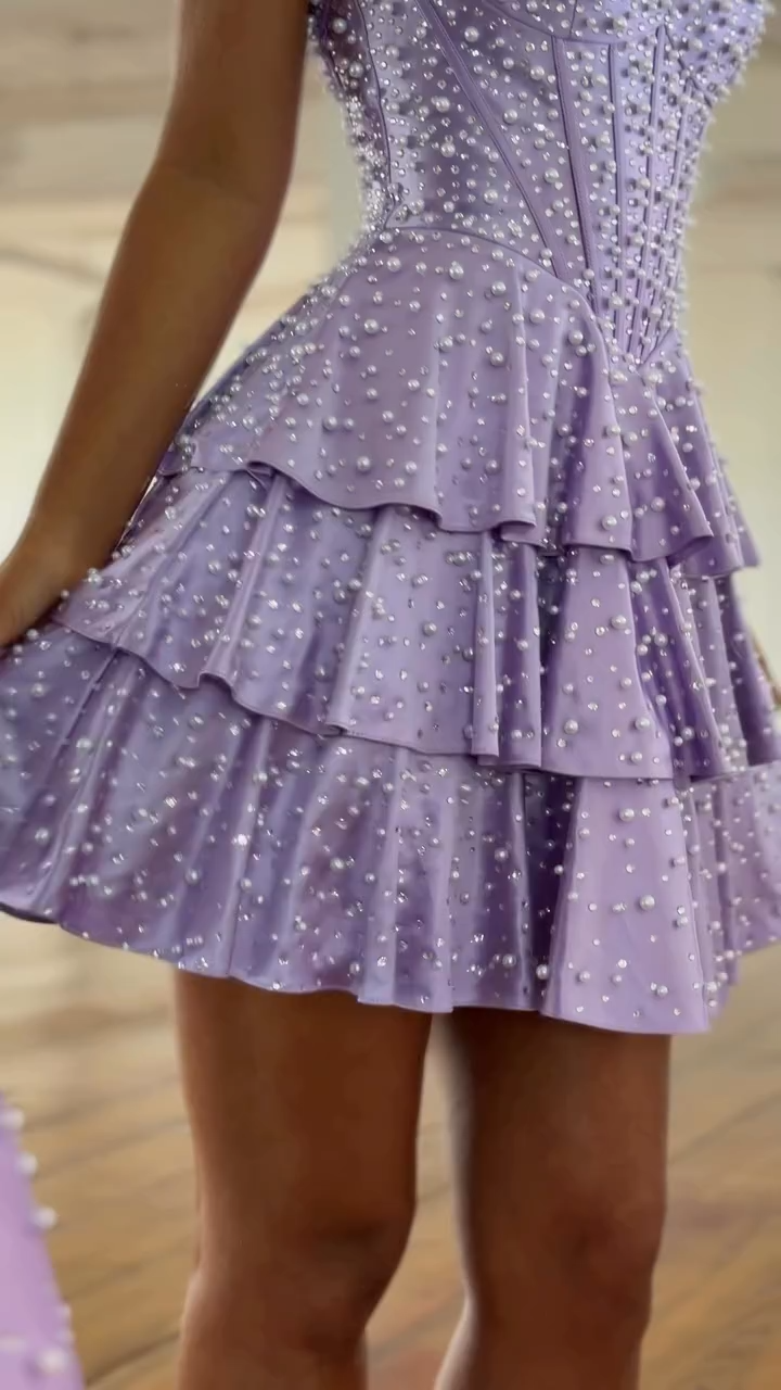 Lavender Halter Pearl Beaded Corset Tiered Ruffle Homecoming Dress HC167
