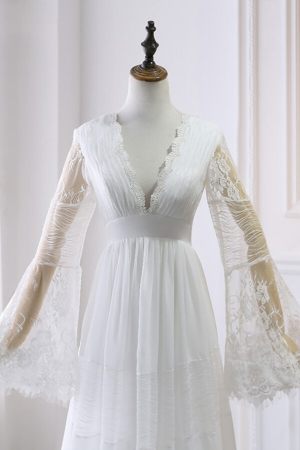 LLELLA Chic Empire Lace Tulle Wedding Dress Long Sleeves V-Neck Appliques Bridal Gowns On Sale-LLELLA