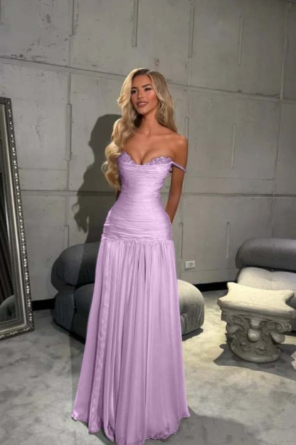Off the Shoulder Sleeveless Long Prom Dress With Pleated Sequins