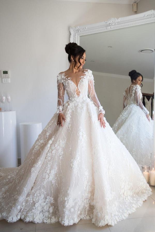 LLELLA Long Sleeves Wedding Dresses Princess With Flowers Appliques-LLELLA