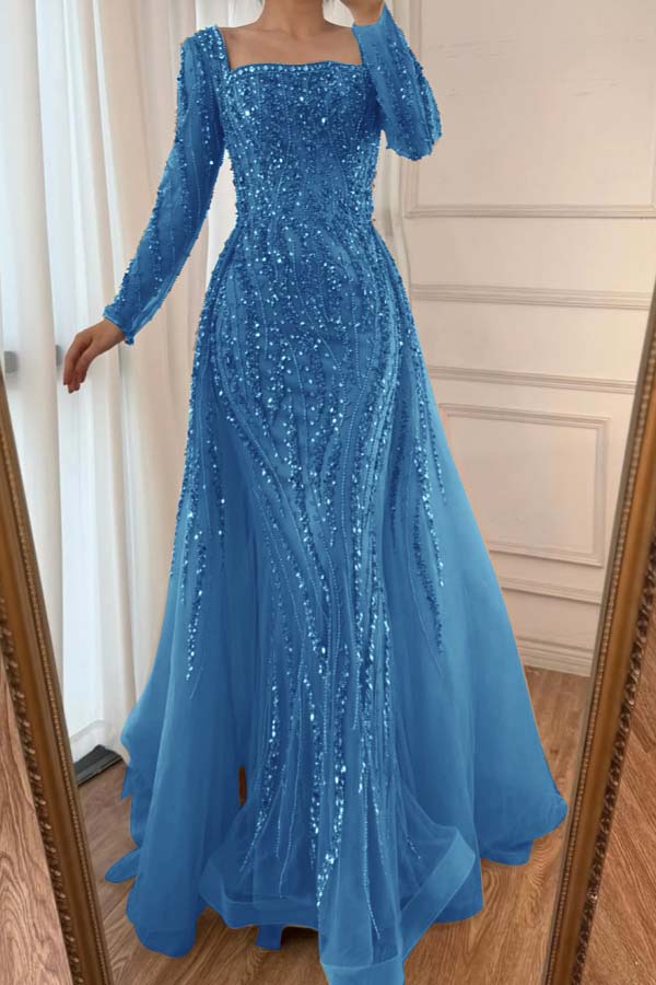 Square Neck Long Sleeves Long Mermaid Prom Dress With Beading Tulle