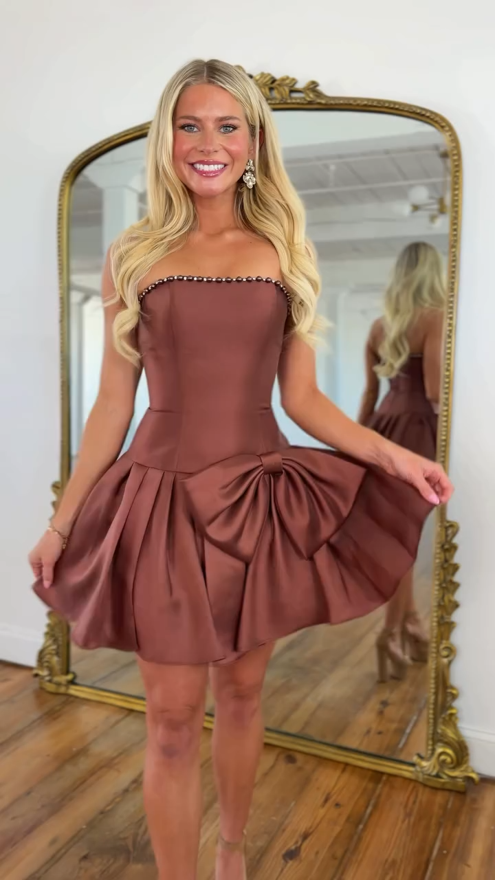 Chocolate Brown Strapless Crystal Trim Oversized Bow Bubble Skirt Homecoming Dress HC184