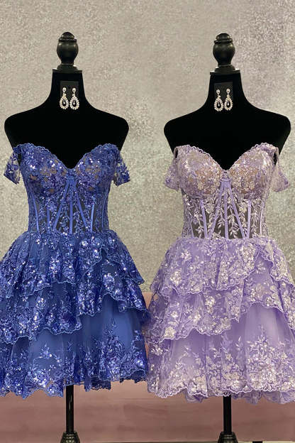 Sparkly Light Blue A Line Off the Shoulder Corset Homecoming Dress with Tiered Lace