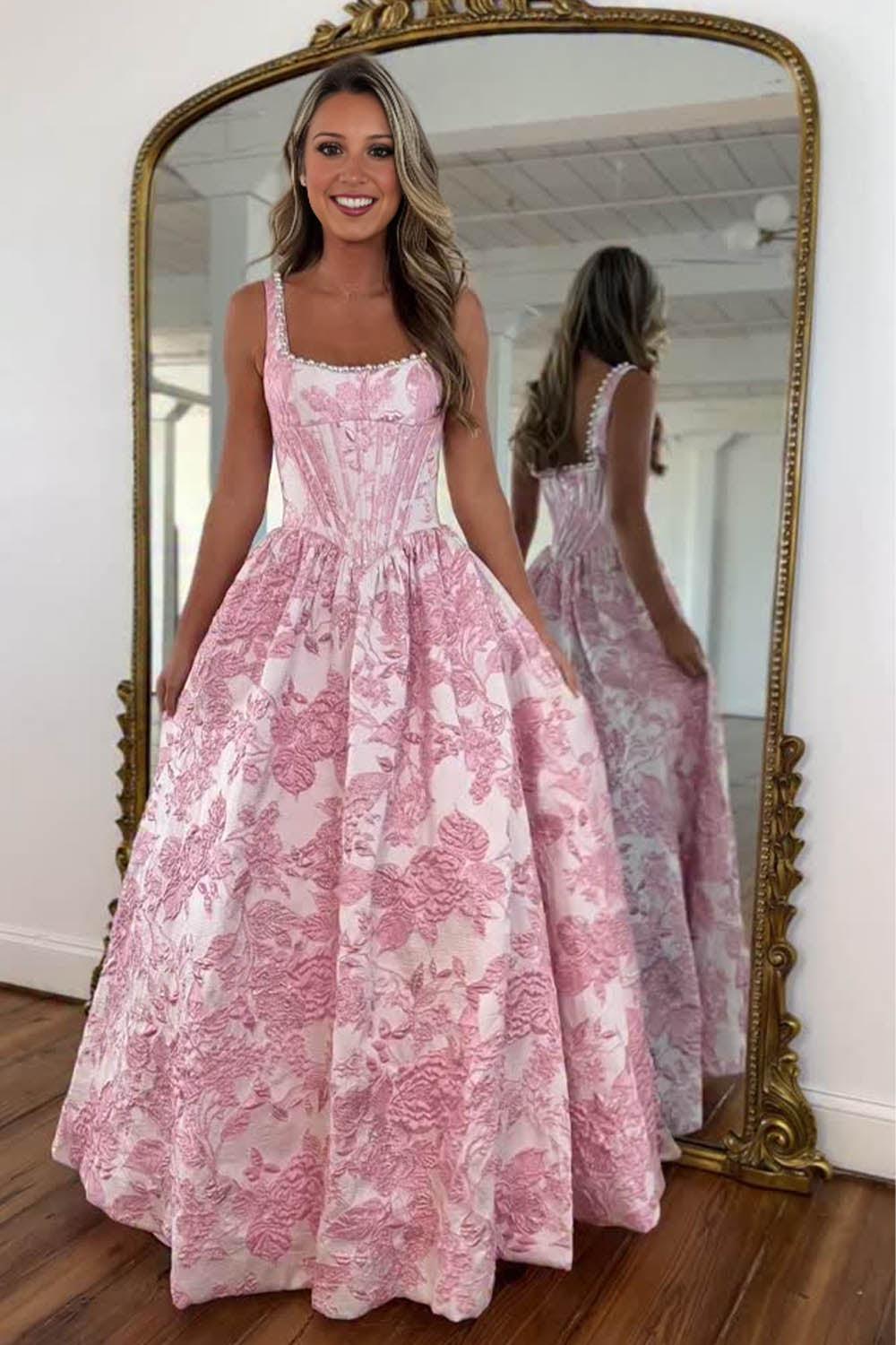 Square Neck Floral Long Prom Dress-LLELLA