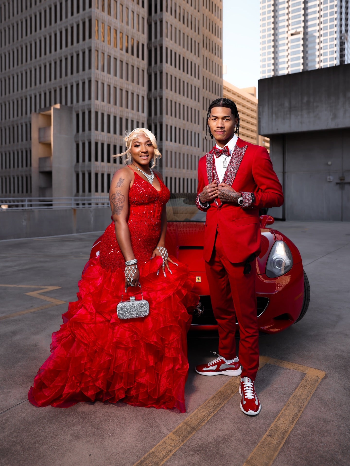 Red Halter V-Neck Crystal Beaded Mermaid Prom Dress with Ruffled Organza Skirt