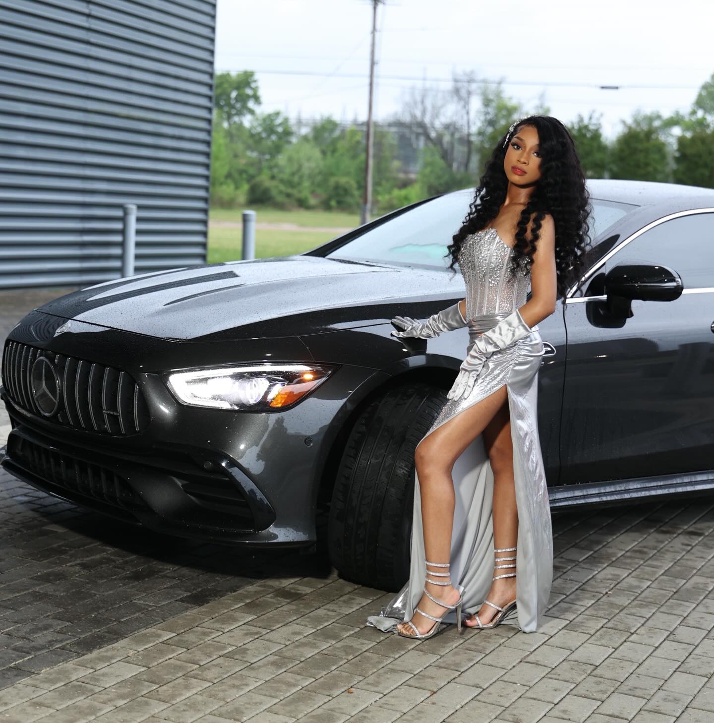 Silver Crystal Beaded Strapless Mermaid Prom Dress with Sheer Corset Bodice & High Slit