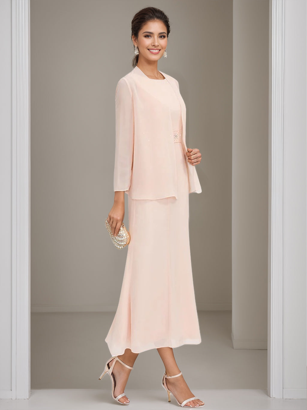 Tea-Length Mother of the Bride Sheath Dress with Beaded Jacket-LLELLA