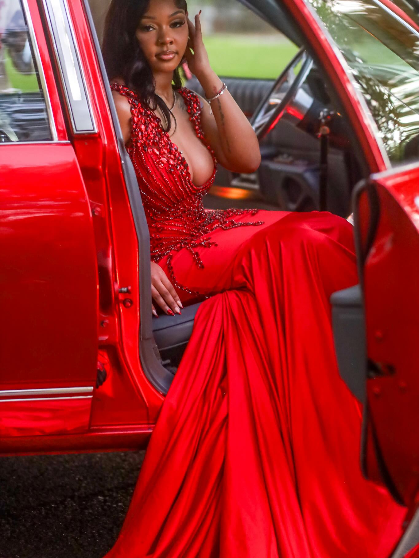 Red Sequin Beaded Mermaid Prom Dress with Feather Train-LLELLA