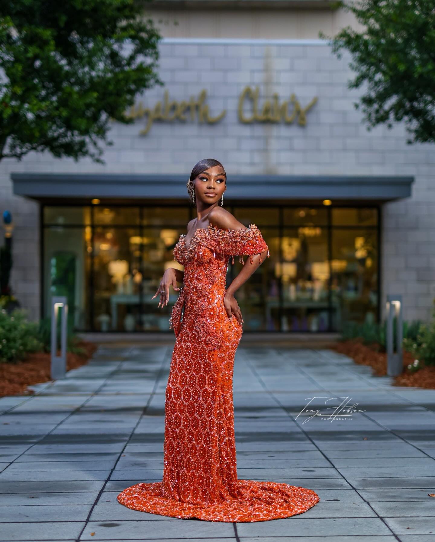 Burnt Orange Off-Shoulder Sequin Beaded Mermaid Gown-LLELLA