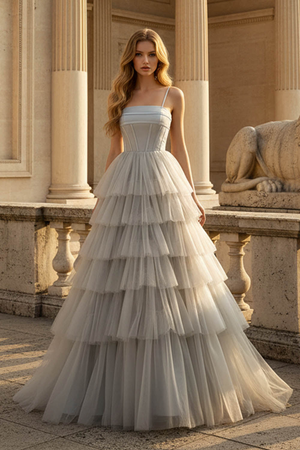 Light Grey Tiered Tulle Princess Prom Dress-LLELLA