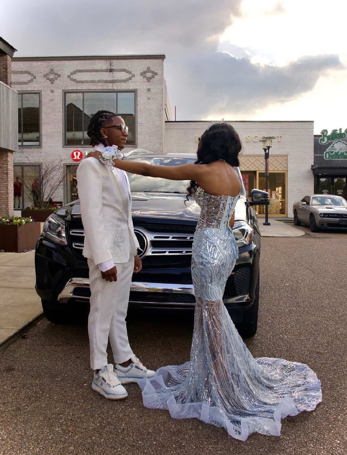 Ice Blue Silver Strapless Sweetheart Sheer Crystal Line Beaded Mermaid Prom Dress with Cathedral Train