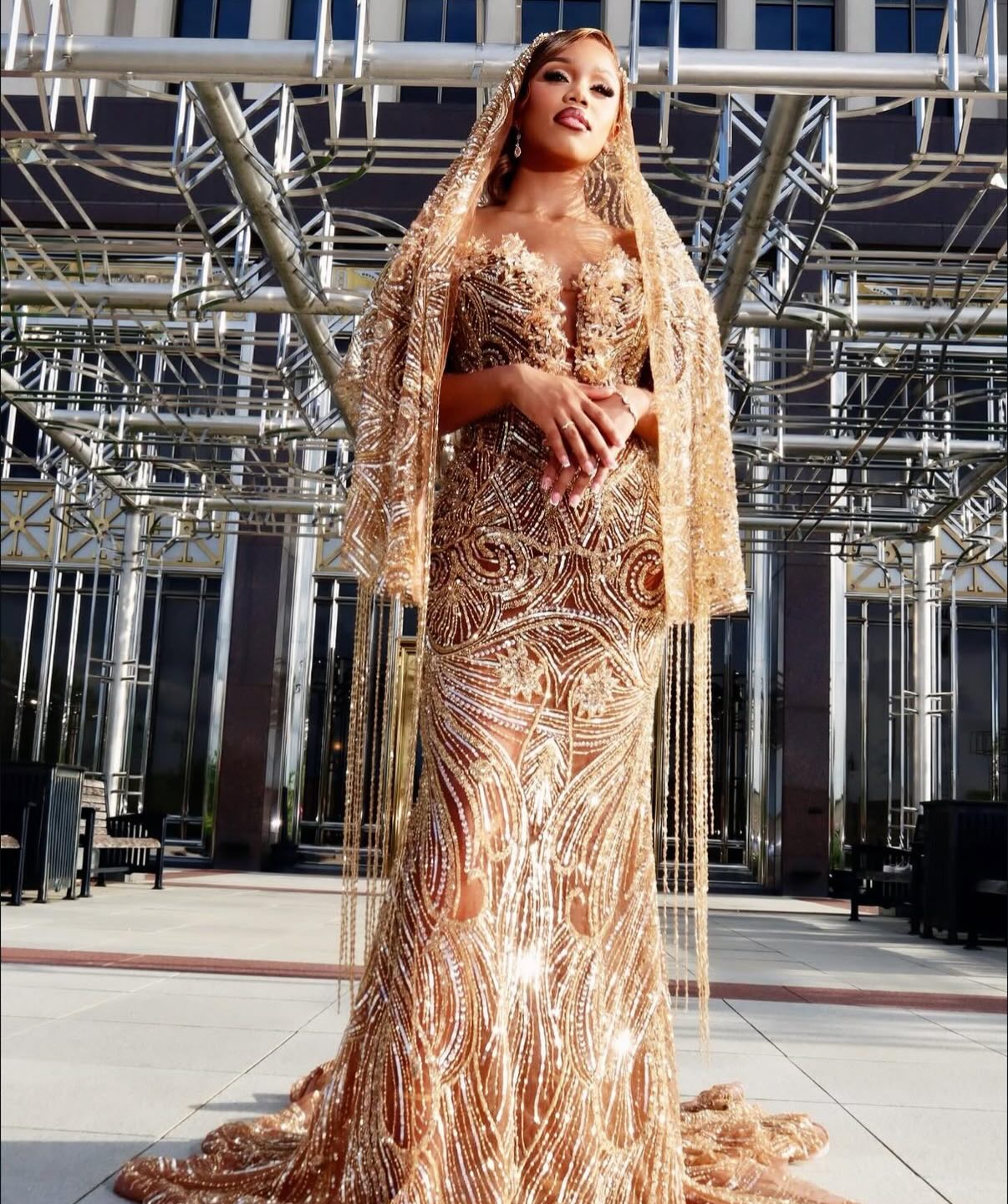 Champagne Gold Art Deco Crystal Beaded Mermaid Prom Dress with Veil & Crystal Fringe-LLELLA