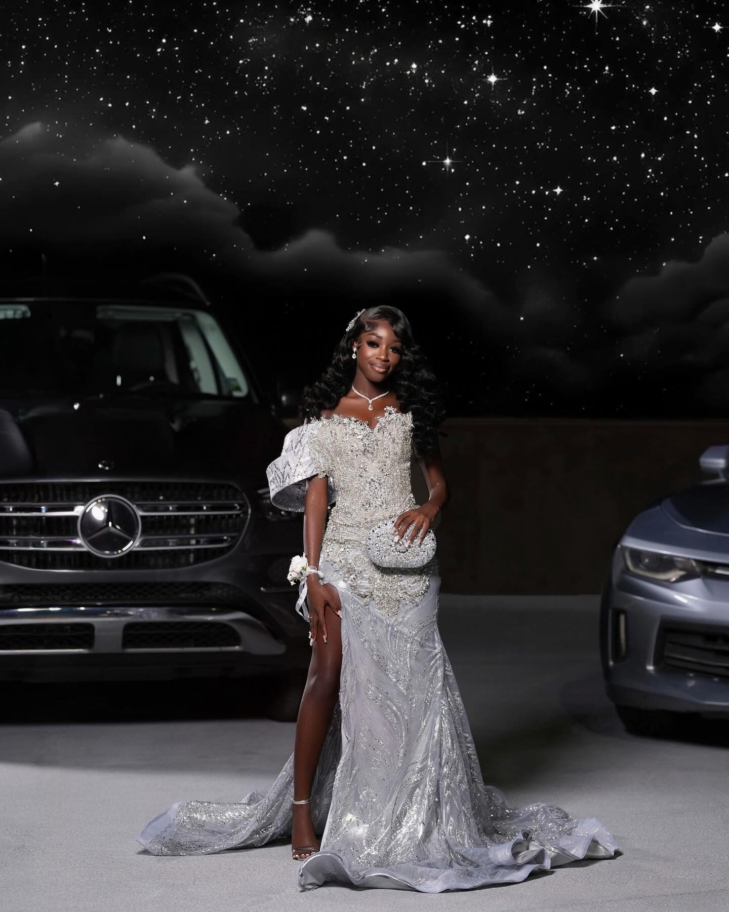 Starlight Dream - Silver Crystal Beaded Off-Shoulder Mermaid Prom Dress with Thigh Slit-LLELLA