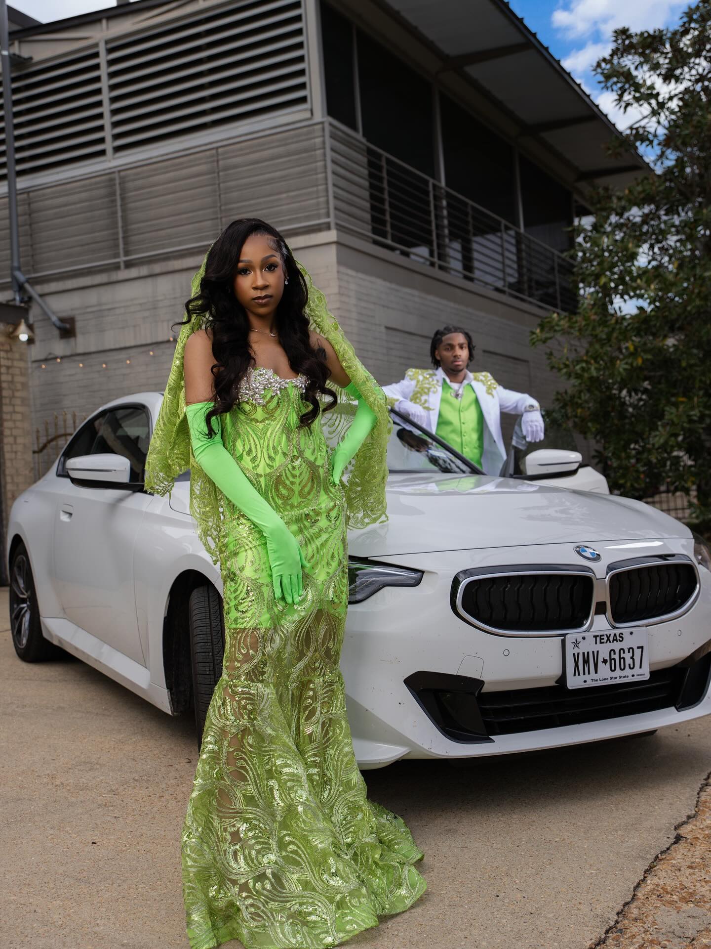 Prom 2026 – Neon Lime Green Gold Peacock Sequin Illusion Mermaid Prom Dress with Lace Cape Veil & Opera Gloves