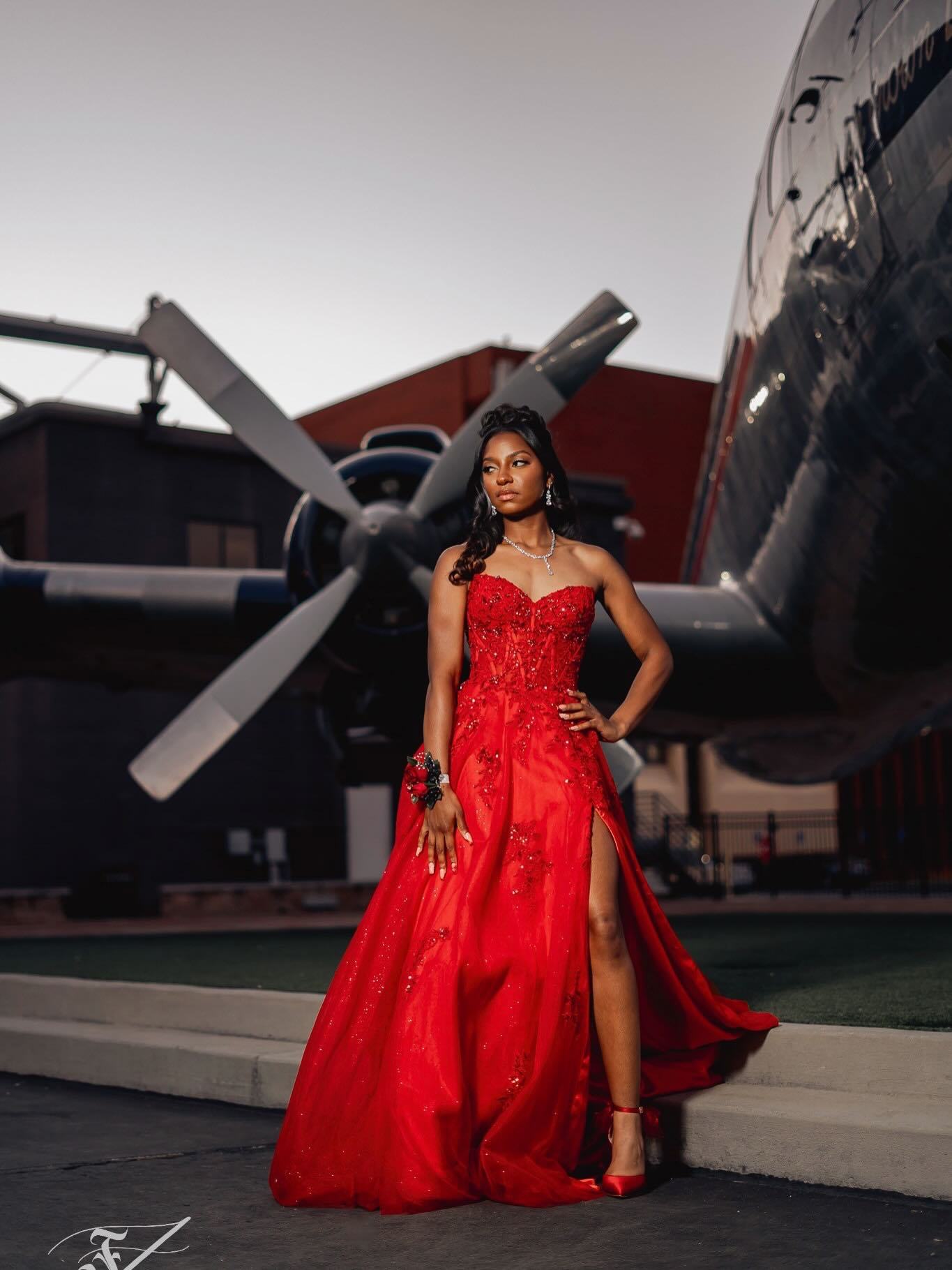 Red Sequin Beaded Strapless A-Line Prom Dress with 3D Floral Appliqué & High Slit