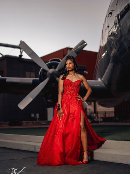 Red Sequin Beaded Strapless A-Line Prom Dress with 3D Floral Appliqué & High Slit