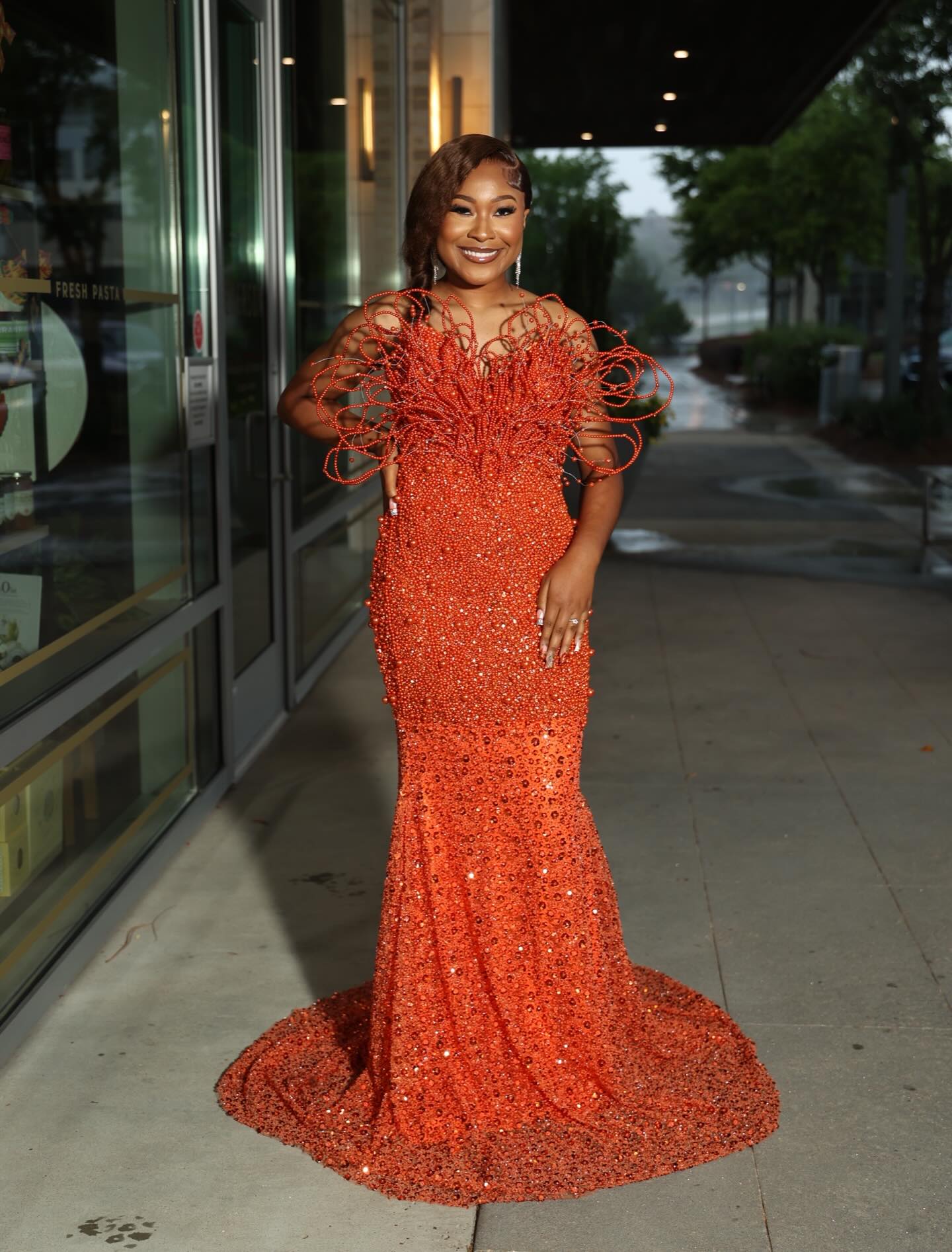 Burnt Orange 3D Spiral Beaded Tendril Off-Shoulder Crystal Mermaid Prom Dress-LLELLA