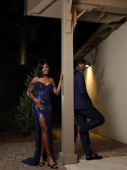 Navy Blue Off-Shoulder Sequin Beaded Mermaid Prom Dress with Crystal Fringe Details